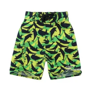 Boy Hawaiian Swimwear Board Shorts with Tie in Green Yellow with Navy Dolphin Print 10 Year Old