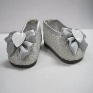 Unique Doll Clothing Silver Sparkle Doll Shoes with Bow for American Girl Dolls and Most 18 Inch Dolls