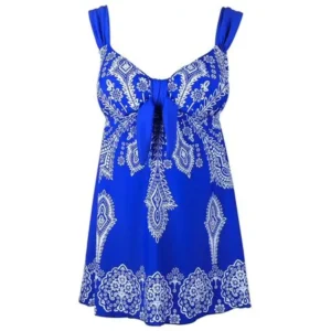 Plus Size Blue Retro Print Fashion Pin Up Swimdress Style Swimsuit Tankini Set