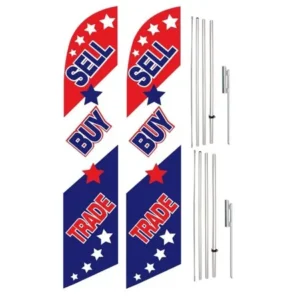 Windless Swooper Flag & Pole Kit Twin Pack SELL BUY TRADE Red White Blue w Stars