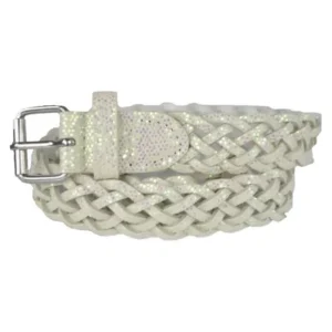 Girls Belt - Colorful Metallic Glitter Braided Faux Leather Belt for Kids by Belle Donne - White Large