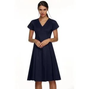 Fashion Sexy Women V-Neck Solid Vintage Style High Waist Pleated Dress DEAML