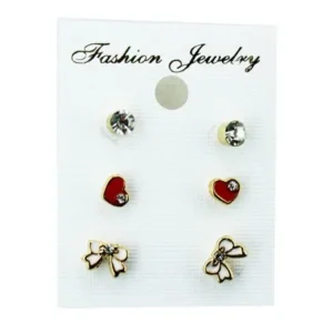 Heart, Bow, Diamond Earring (3 Pair) - Kids Fashion Earrings (White and Red)