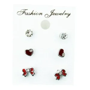 Heart Bow & Diamond Earring (3 Pair) Kids Fashion Earrings (White and Red)