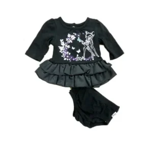 Disney Infant Girl Bambi Black Satin Long Sleeved Ruffled Deer Dress Outfit