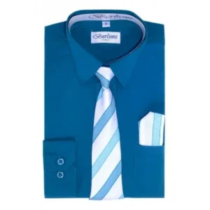 Berlioni Kids Boys Long Sleeve Dress Shirt With Tie and Hanky Teal