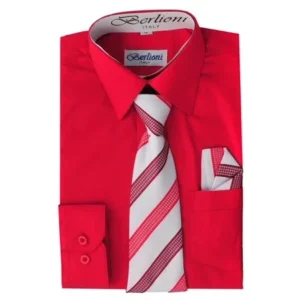 Berlioni Kids Boys Slim Fit Long Sleeve Dress Shirt With Tie & Hanky Red