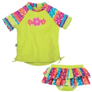 Sun Smarties Baby Girl Swim Diaper Skirt and Rashguard - Lime Green and Floral Design - 2 Piece Swimsuit