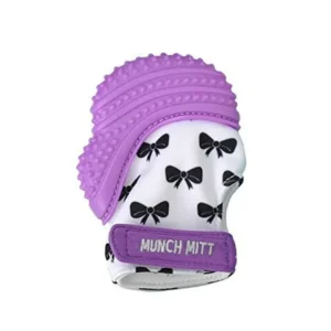 Munch Mitt Teething Mitten the Original Mom Invented Teething Toy- Teether Stays on Babys Hand for Pain Relief & Stimulation- Ideal Baby Shower Gift with Handy Travel/Laundry Bag- Purple Bows