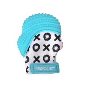 Munch Mitt Teething Mitten the Original Mom Invented Teething Toy- Teether Stays on Babys Hand for Pain Relief & Stimulation- Ideal Baby Shower Gift with Handy Travel/Laundry Bag- Aqua Blue XO