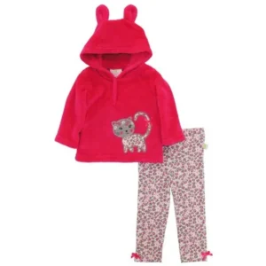 Duck Goose Baby Girls Cute Kitty Sherpa Ear Hoodie Pullover Jacket 2Pc Pant Outfit Set