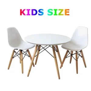 Buschman Kids Modern Table and Chairs Set, Mid Century Dining Table with 2 White Armless Chairs