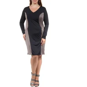 24/7 Comfort Apparel Women's Plus Size Long Sleeve Black and Taupe Sheath Dress