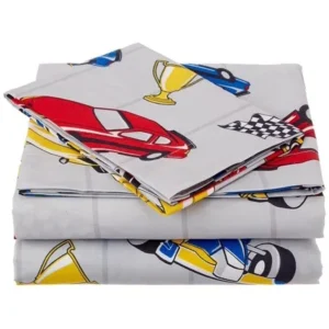 Fancy Linen 4 pc Boys Full Size Sheet set Cars Grey Blue Red Yellow New
