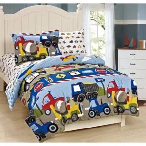 Fancy Linen 5pc Boys Twin Comforter and Sheet Set Trucks Tractors Blue Red New