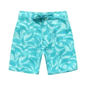 Boy Hawaiian Swimwear Board Shorts with Tie in Blue White with Dolphin Print