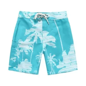 Boy Hawaiian Swimwear Board Shorts with Tie in Blue with White Palms Print 4 Year Old