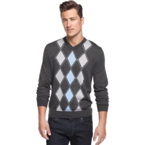 Merino Blend Argyle V-Neck Sweater Ebony Grey Heather & Blue XL