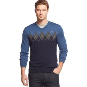 Merino Blend Colorblock Argyle V-Neck Sweater Navy Blue & Gray