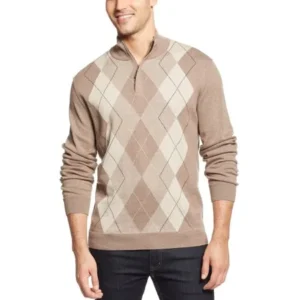 Tasso Elba NEW Beige Mens Size Medium M Argyle Knit 1/2 Zip Sweater