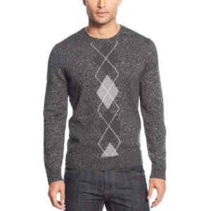 INC International Concepts Mens Argyle Crewneck Sweater Deep Black Marled