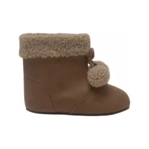 Girls Tan Pompom Tie Cuff Faux Suede Ankle High Boots 1 Baby