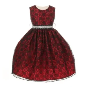 Girls Red Lace Taffeta Jeweled Belt Flower Girl Dress 8