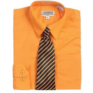 Orange Button Up Dress Shirt Black Striped Tie Set Boys 5-18