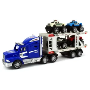 Off Road Police Transporter Trailer 1:32 Children's Kid's Friction Toy Truck Ready To Run w/ 4 Toy Trucks, No Batteries Required (Colors May Vary)