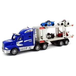 City Police Transporter Trailer 1:32 Children's Kid's Friction Toy Truck Ready To Run w/ 4 Toy Cars, No Batteries Required (Colors May Vary)