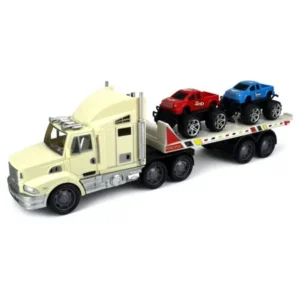 Off-Road Truck Trailer 1:32 Children's Kid's Friction Toy Truck Ready To Run w/ 2 Toy Trucks, No Batteries Required (Colors May Vary)
