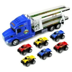 Animal World Truck Trailer Children's Friction Toy Transporter Truck Ready To Run 1:24 Scale w/ 6 Toy Trucks (Colors May Vary)