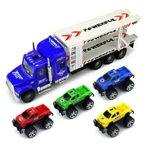 Monster Transport Trailer Children's Friction Toy Semi Truck Ready To Run 1:32 Scale w/ 4 Toy Trucks (Colors May Vary)