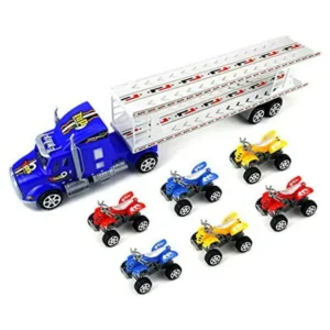 Top Transporter Trailer Children's Friction Toy Semi Truck Ready To Run w/ 6 Toy ATVs (Colors May Vary)