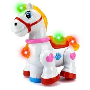 Cartoon Galloping Horse Battery Operated Kid's Bump and Go Toy Animal Figure w/ Cool Flashing Lights, Music