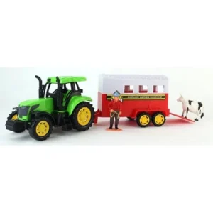 Farm World Friction Powered Green Toy Tractor Trailer Playset w. Trailer, Person Figure, & Animal Figure