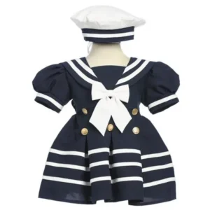 Baby Girls Navy White Bow Dress Hat Sailor Outfit 3-24M