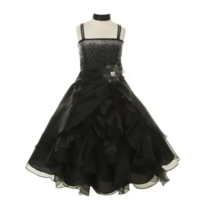 Little Girls Black Crystal Organza Cascade Ruffle Dress 6