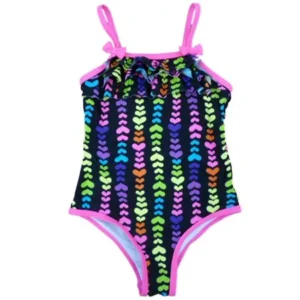 Laguna Girls Neon Heart Print Swimming Suit Swim Ruffle Bathing Suit 1 PC