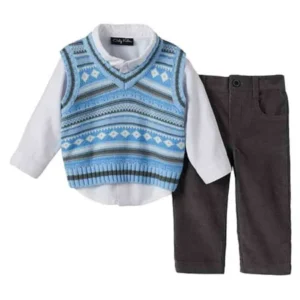 Only Kids Infant Boys 3 Piece Dress Up Outfit Pants Shirt Blue Sweater Vest