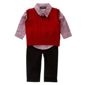 Only Kids Infant Boys 3 Piece Dress Up Outfit Pants Shirt & Red Sweater Vest