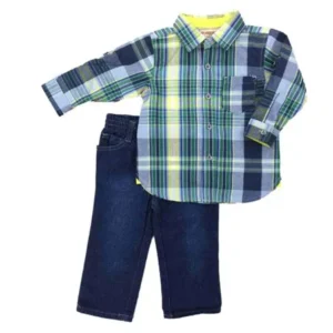 Kids Headquarters Infant Boys 2 Piece Blue Plaid Shirt & Denim Jeans Set