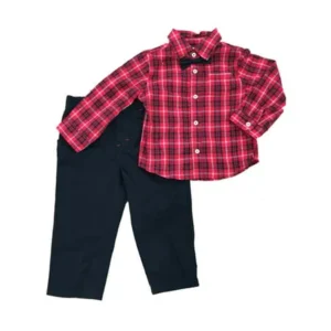 First Impressions Infant Boy 2 Piece Dress Up Red Plaid Shirt Black Pants