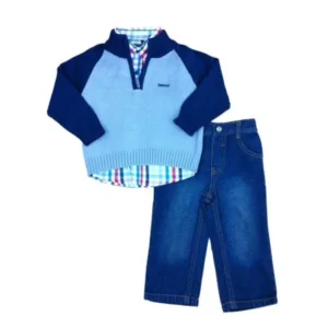 DKNY Infant Boys 3 Piece Dress Up Outfit Jeans Plaid Shirt & Gray Sweater 18m