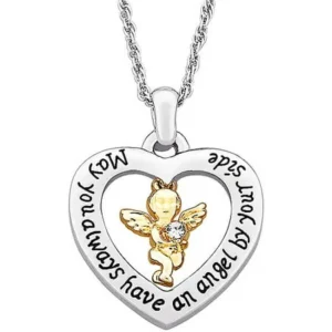 Two-Tone Guardian Angel with Austrian Crystal Heart Pendant, 20"