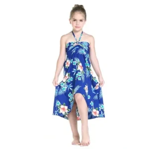 Girl Hawaiian Halter Dress in Hibiscus Blue Size 14