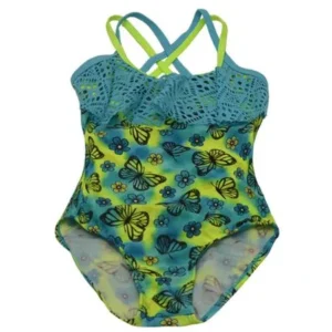 2B Real Little Girls Turquoise Butterfly Flower Print One Piece Swimsuit 4
