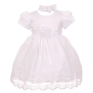 Baby Girls White Floral Overlay Bow Neckband Christening Baptism Dress 3-24M