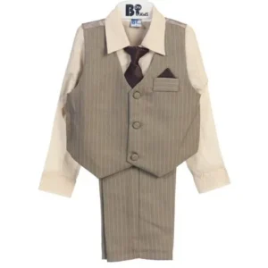 Four Piece Solid Khaki Shirt Striped Khaki Toddler Boys Vest Set 3T-4T