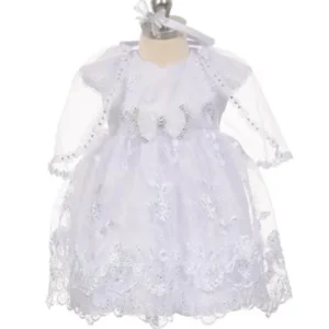 Baby Girls White Short Sleeve Organza Cape Baptism Dress 0-24M